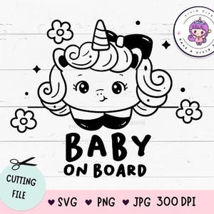 Baby an Bord SVG, Baby Einhorn SVG, Kawaii Einhorn, SVG für Cricut Design, Baby im Auto, Kawaii svg, Einhorn Layered svg