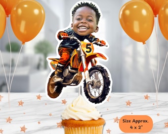 Dirt Bike Personalized Face Cupcake Topper Handmade, Custom Face Topper, Kids Birthday Party Decorations, Dirt Bike Birthday Topper, Decor