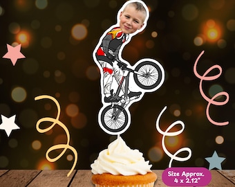 BMX Bike Personalized Face Cupcake Topper Handmade, Custom Face, Party Decor, Kids Birthday Party Decorations, BMX Bike Birthday Topper