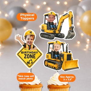 Personalized Construction Truck Face Cupcake Toppers, Boy Birthday Party Decor Banner Stickers