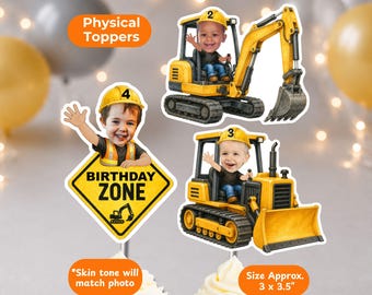 Personalized Construction Truck Face Cupcake Toppers, Boy Birthday Party Decor Banner Stickers