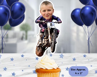 Dirt Bike Personalized Face Cupcake Topper Handmade, Custom Face Topper, Kids Birthday Party Decorations, Dirt Bike Birthday Topper, Decor