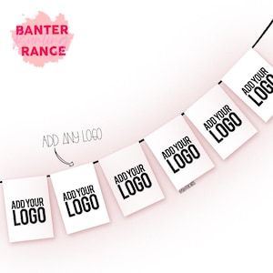 May include: A banner of white pennant flags, each displaying "ADD YOUR LOGO" in black. The flags are strung on a black cord against a white backdrop. The text "ADD ANY LOGO" is above the flags.