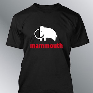 May include: Black t-shirt featuring a white silhouette of a mammoth and the word "mammouth" in red lettering.