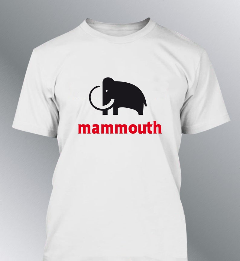 May include: White t-shirt featuring a black silhouette of a mammoth and the word "mammouth" in red lettering.