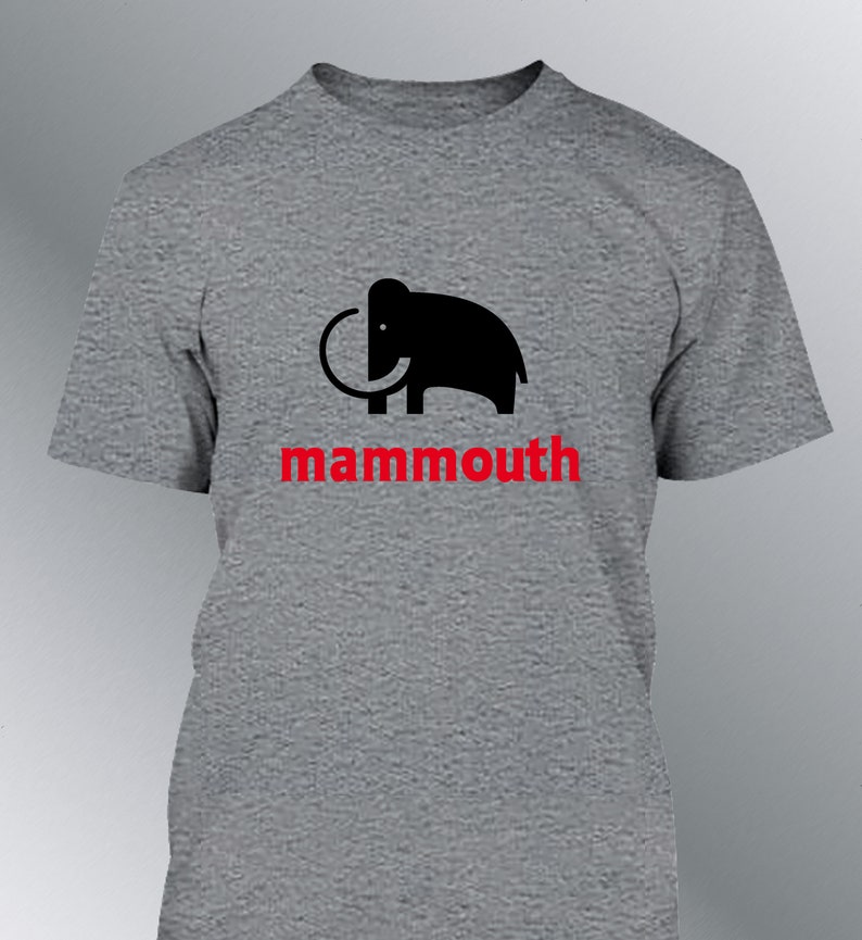 May include: A grey t-shirt featuring a black silhouette of a mammoth and the word "mammouth" in red lettering.