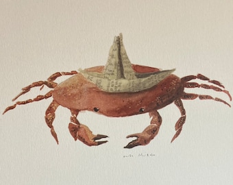 Crab Illustration, Crab Painting, Crab Print, Crab Art, Crab, Animal Print, Sailor Art, Sailor, Anthropomorphic, Sailor Print, Paper Boat