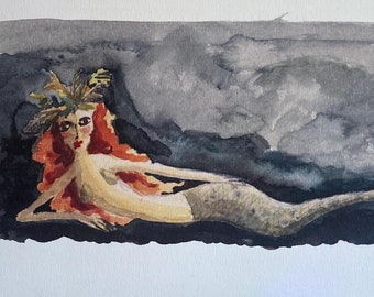Impresión de sirena, pintura de sirena, sirena, acuarela, mar, océano, ninfa, sirenas, acuarela, marinero, velero, arte