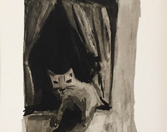 Impresión artística en acuarela de un gato de Lisboa: ilustración vintage de Alfama