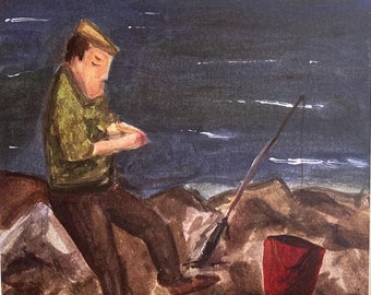 Impresión artística de un pescador portugués: pintura marítima costera