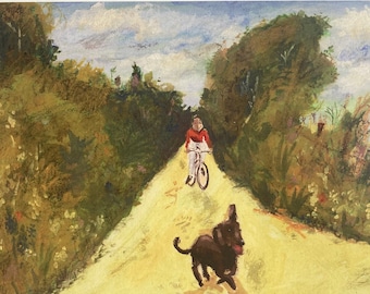 Impresión de perro en una tarde de verano: un caprichoso paseo en bicicleta - Arte firmado