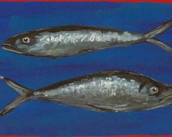 Sardine Still Life Art Print: Portuguese Kitchen Decor, Gouache, handpainted