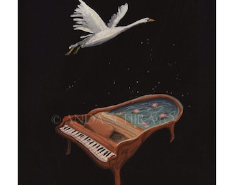Lámina artística de El lago de los cisnes: piano de cola, nenúfares y luciérnagas