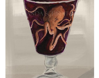 Pulpo, Copa de vino, Oporto, Vino de Oporto, portugués, Portugal, Mariscos, Pintura, Arte, Restaurante, Cocina, Bar, surrealismo, Acuarela