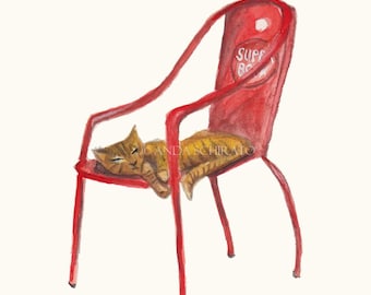 Impresión de gato atigrado pelirrojo: Arte de cafetería portuguesa, cerveza Superbock