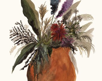 Lámina de arte popular botánico: Ramo abstracto de flores silvestres en jarrón de terracota