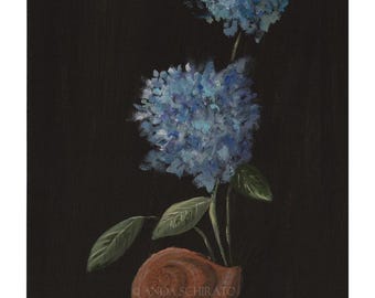 Pintura de hortensia azul, impresión botánica, pintura floral vintage en gouache
