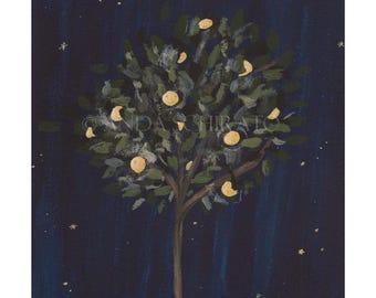 Lámina artística de limonero: Pintura de jardín iluminado por la luna, romántica, luna, noche de verano