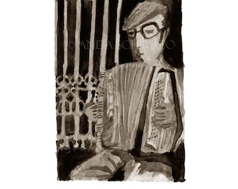 Grabado de un acordeonista de Lisboa: arte popular portugués, acuarela en blanco y negro, Portugal, cultura, tradición