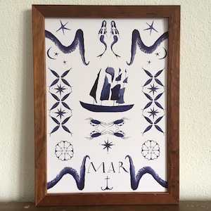 Azulejo, tile, portuguese, Portugal, Sailing, Sailor, Sea, blue white, Octopus, handpainted, Travel Poster, Artwork, Watercolour, Art Print