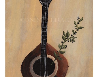 Lámina de fado, guitarra portuguesa, aceitunas, cultura portuguesa, música, decoración de pared de Lisboa