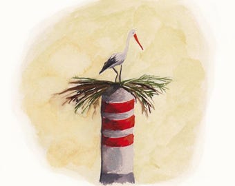 Impresión artística en acuarela de cigüeña: ilustración de ave portuguesa