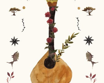 Lámina artística de guitarra de fado: música portuguesa, aceitunas, decoración de Lisboa, cultura, Portugal, golondrinas