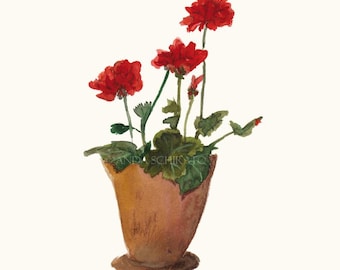Pintura de acuarela de geranio rojo: Impresión artística de naturaleza muerta botánica