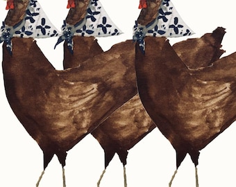 Impresión artística de pollo caprichoso: decoración de granja en acuarela, vida en la granja, pájaros, pañuelo en la cabeza, firmado, estampado animal, campo
