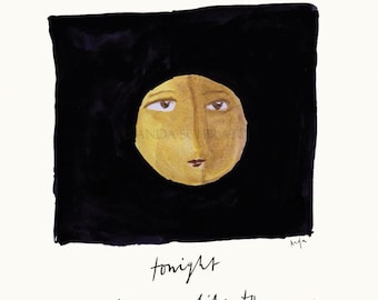 Impresión artística de acuarela de luna llena: Ilustración romántica de cielo nocturno