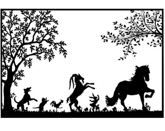 Silueta de desfile de animales de granja con fondo de silueta de árbol / Descarga instantánea de arte de pared, tarjetas imprimibles y carteles impresos