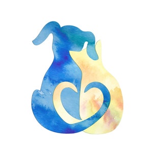 Beste vrienden voor altijd kat en hond omgekeerde aquarel silhouet | Downloadbare decoratieve kunst aan de muur, printbare kaarten en printposters