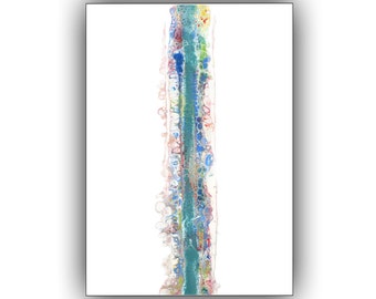 May include: Abstract painting with a vertical line of blue, green, yellow, and red paint. The line is surrounded by white space.