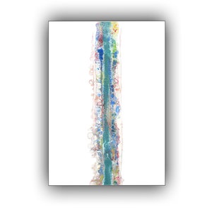 Puede incluir: Pintura abstracta con una línea vertical de pintura azul, verde, amarilla y roja. La línea está rodeada de espacio blanco.