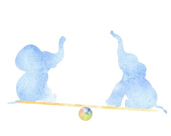 Arte de elefante bebé jugando en una silueta de arte de acuarela inversa de balancín / descarga instantánea de arte de pared, tarjetas imprimibles y carteles impresos