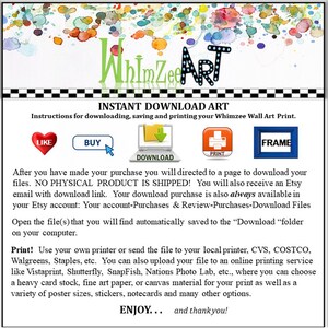 Puede incluir: Una gu&iacute;a de instrucciones para descargar e imprimir una impresi&oacute;n de arte digital con un fondo colorido. El texto dice "Descarga instant&aacute;nea de arte" e "Instrucciones para descargar, guardar e imprimir tu impresi&oacute;n de arte de pared Whimzee". La gu&iacute;a incluye iconos para "Me gusta", "Comprar", "Descargar", "Imprimir" y "Marco".