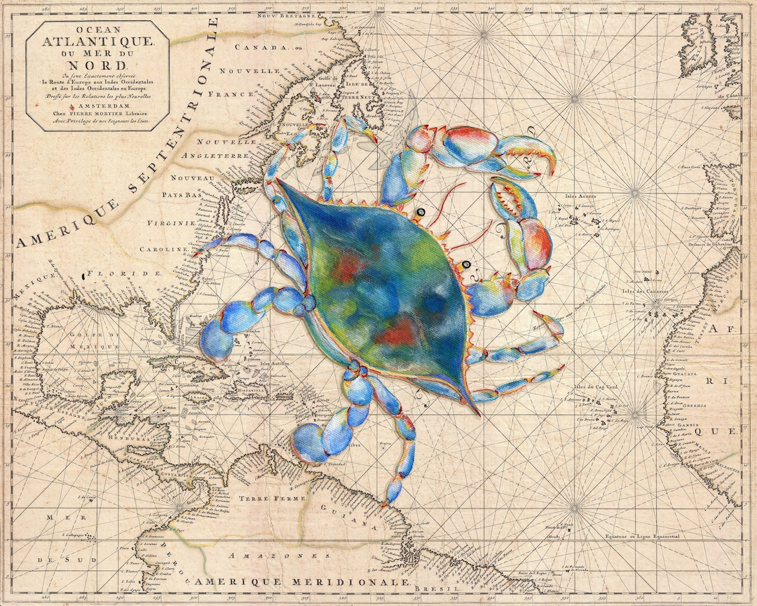 Blauwe krab op vintage wereldkaart Instant Download afdrukbare