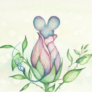 May include: A watercolor painting of a rose bud with a blue mouse head emerging from the top. The rose bud is pink and green with a green stem and leaves.