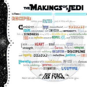 Puede incluir: Un fondo blanco con texto negro que describe la receta para un Jedi. El texto está en varios colores e incluye palabras como fe, coraje, compasión, integridad, amabilidad, respeto, esperanza, sabiduría, corazón, alma, pasión, amor, disciplina, intuición, justicia, humildad, confianza, perdón, determinación y la Fuerza.