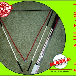 May include: A set of three bubble wands with red and white striped handles and black tips. The wands are connected by a red string and are packaged in a clear plastic bag. The packaging includes the text "Extreme Bubble Tri-Wand" and "Awesome Bubble Parties.com".
