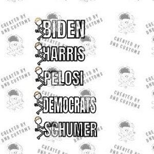 May include: A white background with black text and stick figures. The text reads "Biden", "Harris", "Pelosi", "Democrats", and "Schumer". Each name is accompanied by a stick figure with a raised fist.