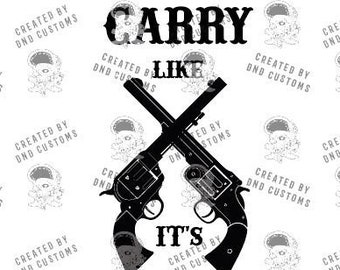 Puede incluir: Diseño gráfico en blanco y negro con dos revólveres cruzados y el texto "Carry Like It's 1776". El diseño está rodeado por un patrón repetitivo de pequeñas imágenes estilizadas.
