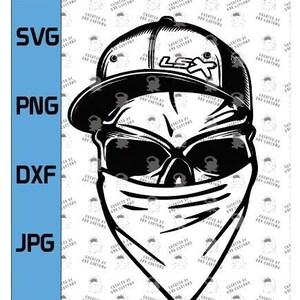 Puede incluir: Ilustración en blanco y negro de una calavera con un pañuelo y una gorra de béisbol con el texto "LSX" en ella.