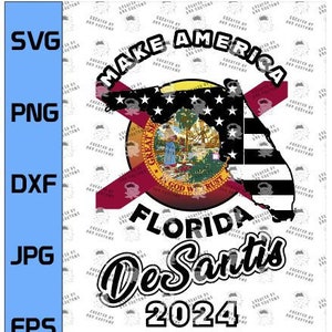 May include: A white background with a red, white, and blue American flag design. The flag is superimposed over a red, white, and blue Florida state flag. The text "Make America Florida DeSantis 2024" is written in black letters.