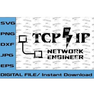 Może przedstawiać: Cyfrowy plik do pobrania z czarno-białym projektem graficznym z tekstem "TCP/IP Network Engineer" z błyskawicą i dwoma ikonami połączenia sieciowego.