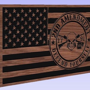 May include: A wooden American flag with a black and white 2nd Amendment emblem. The emblem features a skull and crossbones with the words "2nd Amendment", "17", "91", "Defend", and "Yourself".