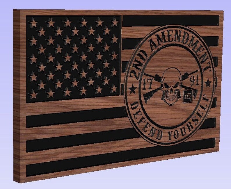May include: A wooden American flag with a black and white 2nd Amendment emblem. The emblem features a skull and crossbones with the words "2nd Amendment", "17", "91", "Defend", and "Yourself".