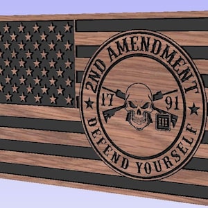 May include: A wooden sign with an American flag design and a circle with the text "2nd Amendment 1791 Defend Yourself" and a skull and crossbones with two rifles.