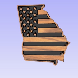 May include: Wooden cutout of the state of Georgia in the shape of the American flag. The stars are black and the stripes are red, white, and blue.