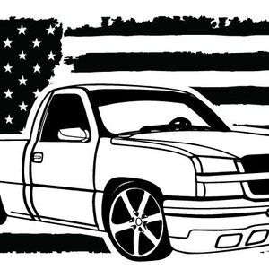 May include: A black and white illustration of a pickup truck in front of an American flag. The truck has a large front grille with a Chevrolet logo.
